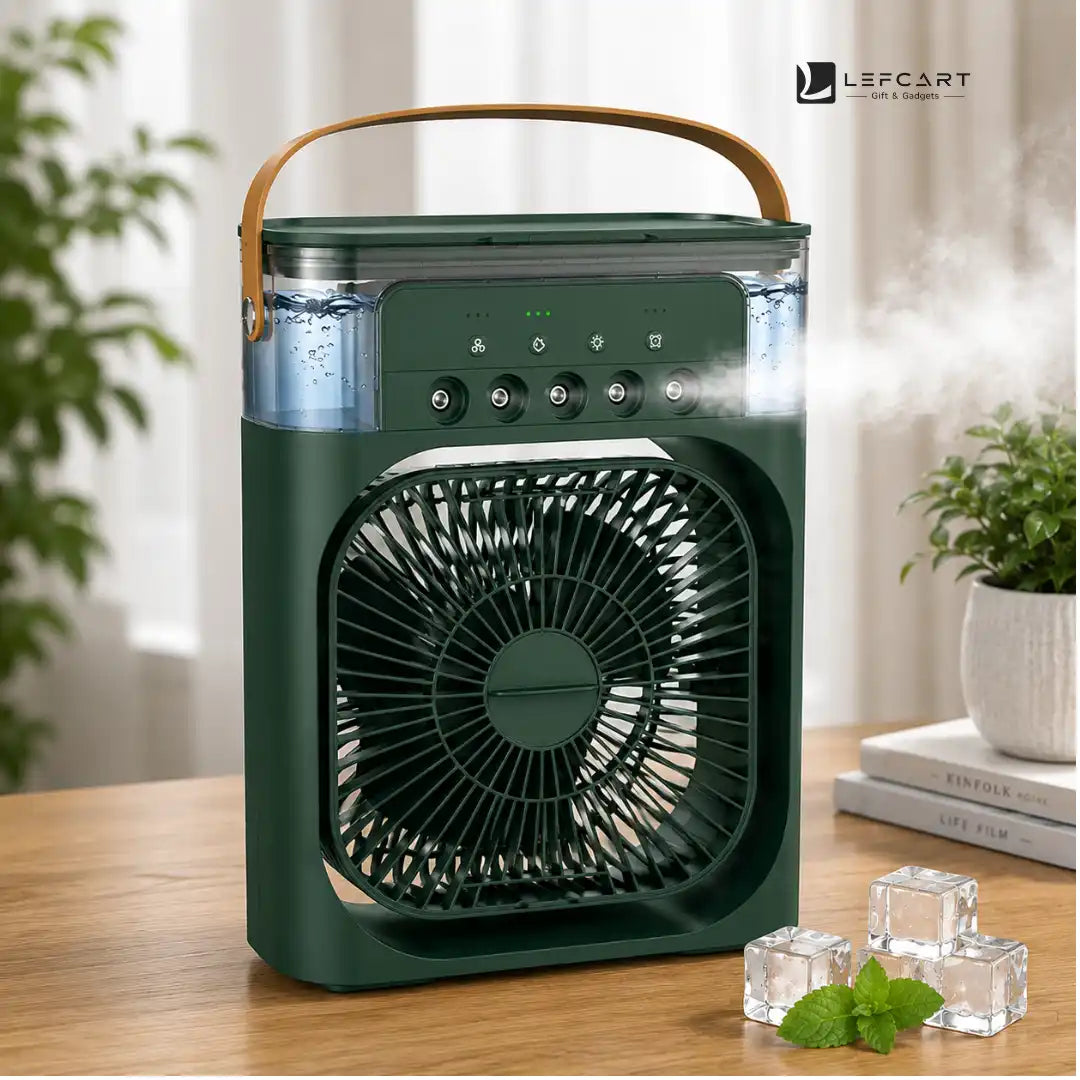 Mini USB Air Cooler Mist Fan 3-in-1 – Side View with Mist Function – Lefcart
