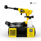 A yellow and black MZ electric pressure washer shown with its black hose, a clear plastic bottle, and a branded yellow-and-black storage case on a white studio background. The Lefcart logo appears in the top right corner.