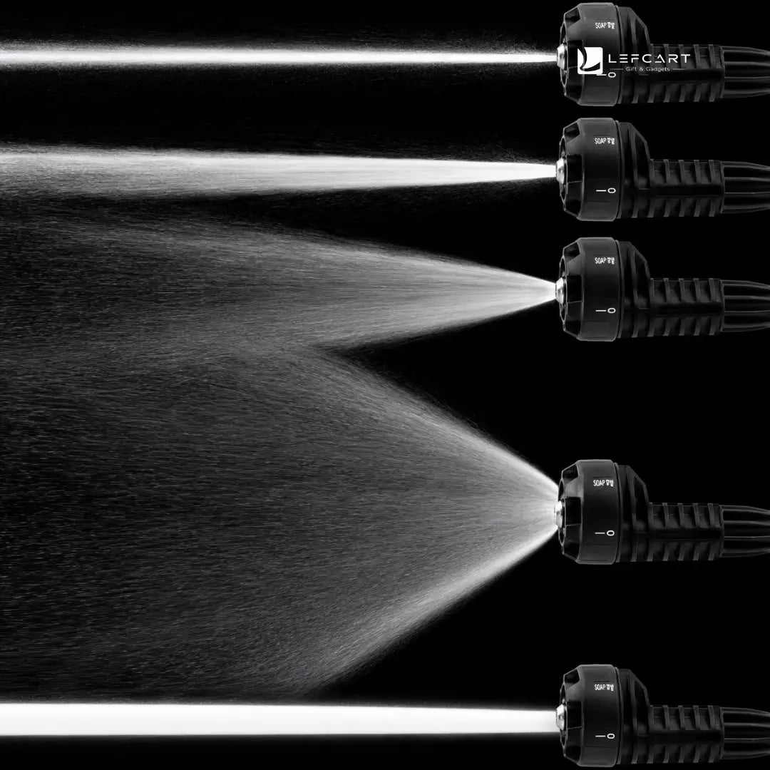 Five black Levcart MFP10 sprinkler heads arranged vertically on the right, spraying water in a fan pattern against a solid black background.