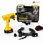 LEFCART MZ portable cordless spray gun kit, model WG06, featuring a yellow and black cordless spray gun, a 20V 1800mAh battery, a 30m black hose, a white plastic bottle, nozzle attachments, and the original product packaging box.