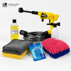 Lefcart car wash kit with a yellow and black pressure washer, a bottle of car wash cleaner, a coiled hose, a white spray bottle, folded gray and yellow microfiber towels, a pink and blue chenille sponge, and a package of LeFcart DECO glass cleaner applicator pads, arranged on a white background.
