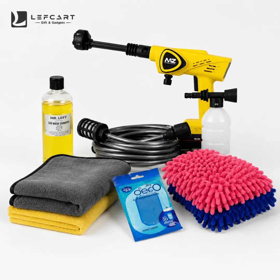 Lefcart car wash kit with a yellow and black pressure washer, a bottle of car wash cleaner, a coiled hose, a white spray bottle, folded gray and yellow microfiber towels, a pink and blue chenille sponge, and a package of LeFcart DECO glass cleaner applicator pads, arranged on a white background.
