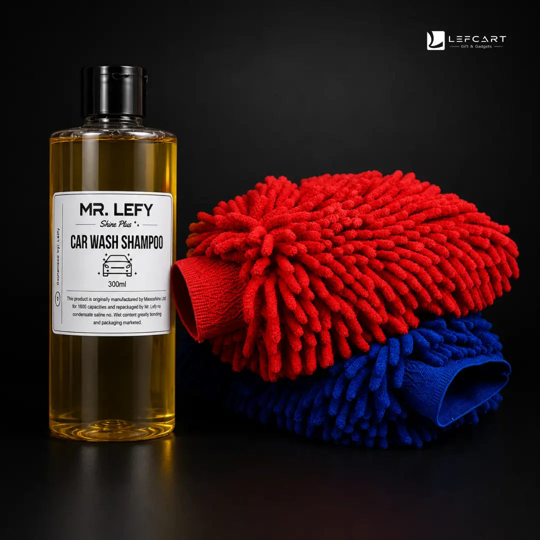 A bottle of Mr. Lefy Car Wash Shampoo stands next to a folded microfiber cleaning mitt with a red top layer and a blue bottom layer, set against a dark studio background.