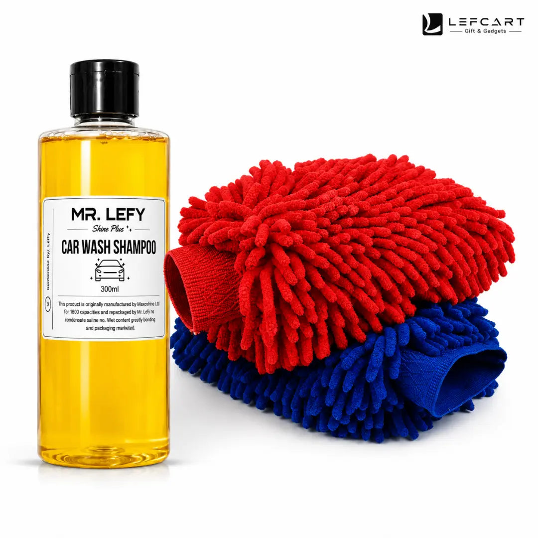 A 300ml bottle of Mr. Lefy Shine Plus 1 Car Wash Shampoo next to a stack of two microfiber cleaning mitts, one red and one blue, on a white background with the Lefcart logo in the top right corner.