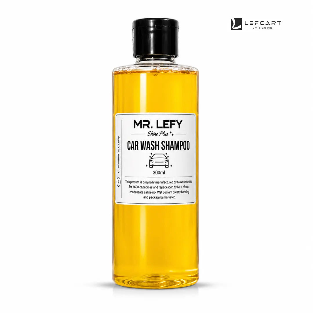A 300ml clear plastic bottle of Mr. Lefy Silver Plastr Car Wash Shampoo filled with golden-yellow liquid, featuring a white label and a black cap, set against a plain white background.