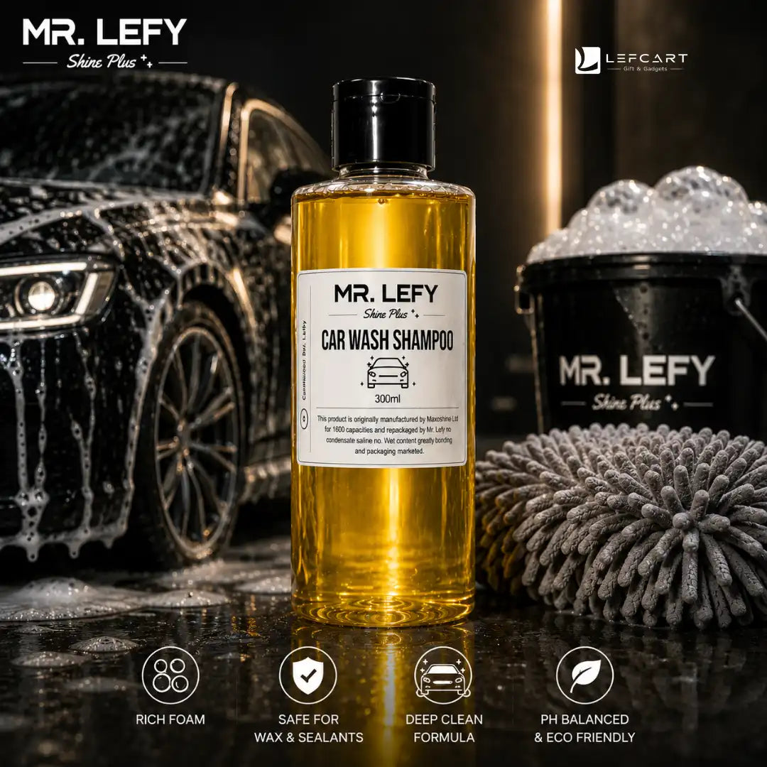 A 300ml bottle of Mr. Lefy Silver Plus Car Wash Shampoo stands in the center, surrounded by car wash accessories including a soapy car, a sponge brush, and a bucket of soap.