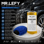 A bottle of Mr. Lefy Car Wash Shampoo is shown in a clean, graphic product presentation.