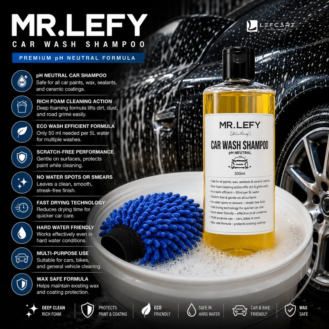 A bottle of Mr. Lefy Car Wash Shampoo is shown in a clean, graphic product presentation.