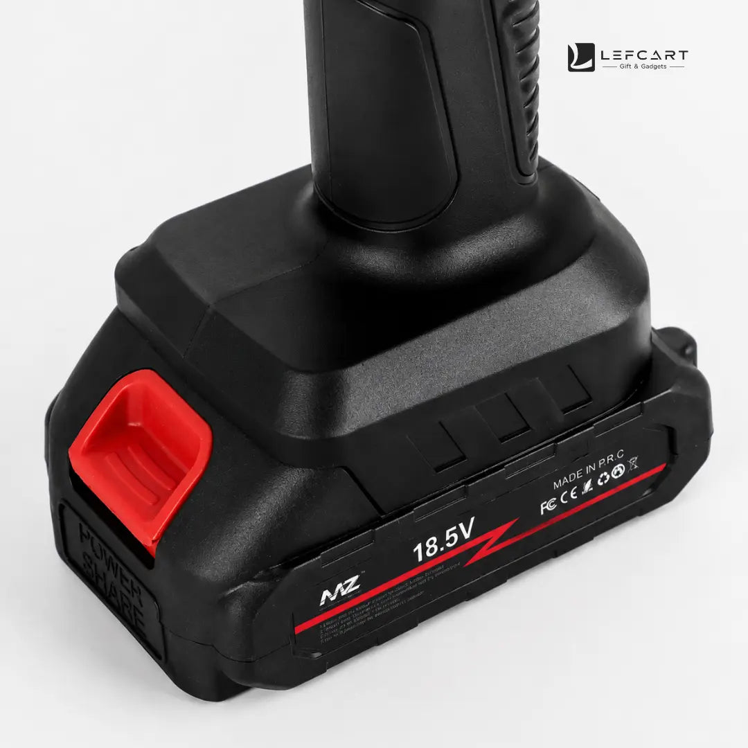 A close-up of a black cordless power tool battery with a red power button and red printed branding, shown on a light gray background. The brand LEP CART is visible in the top right corner.