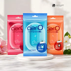 Three aero car fragrance air freshener pouches displayed on a white pedestal. The center pouch is blue and labeled 'cool aqua', flanked by pink 'rose blossom' and orange 'musk smoke' pouches, with decorative flowers on both sides.