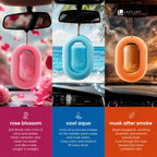Three LEFCART car air fresheners hanging from rearview mirrors in a split comparison layout. The left freshener is pink and labeled 'rose blossom' with pink rose imagery.