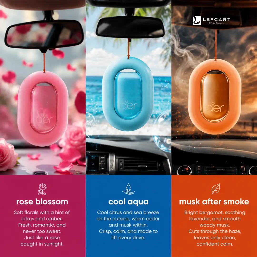 Three LEFCART car air fresheners hanging from rearview mirrors in a split comparison layout. The left freshener is pink and labeled 'rose blossom' with pink rose imagery.