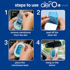 Instructional graphic showing four steps to use the aerO car air freshener spray in a car mirror. The blue background has the text 'steps to use aerO' and the LEPCART brand logo.