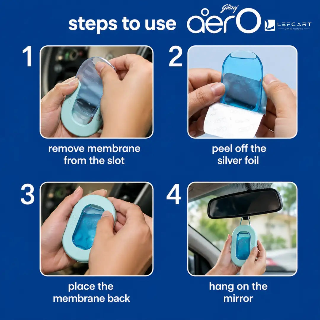 Instructional graphic showing four steps to use the aerO car air freshener spray in a car mirror. The blue background has the text 'steps to use aerO' and the LEPCART brand logo.