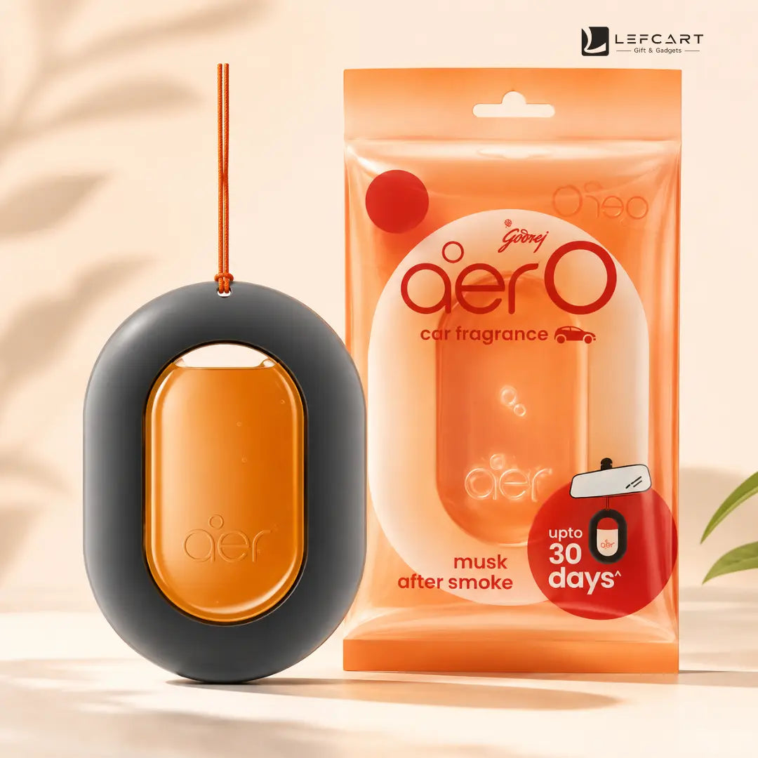 A Lefcart Neo aer car fragrance after smoke device in orange and dark gray, shown next to its orange retail packaging bag with 'aero car fragrance' branding.