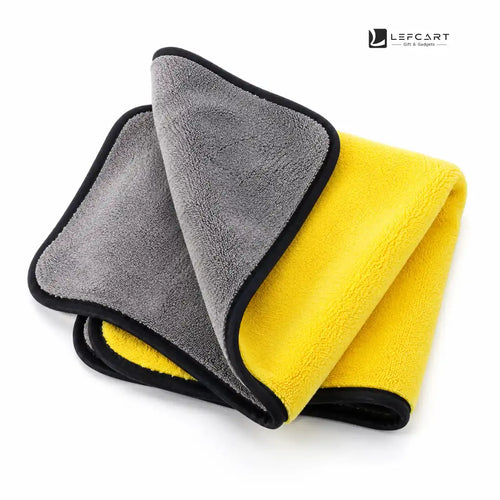 microfiber cleaning cloth, gray and yellow color , folded on a white background. The brand logo 'LEFCART' is visible in the top right corner.