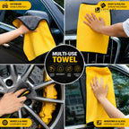 Four-panel collage showing a yellow and gray microfiber multi-use towel being used on a car exterior, wheel rim, and windows. A central label reads 'MULTI-USE TOWEL' with feature icons, and corner callouts mention exterior shine and protection, dust and polish, wheels and rims, and windows and glass.