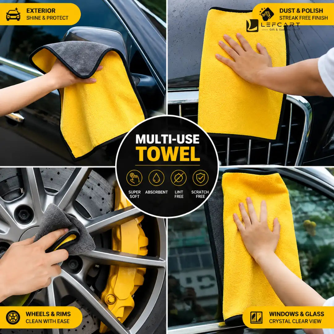Four-panel collage showing a yellow and gray microfiber multi-use towel being used on a car exterior, wheel rim, and windows. A central label reads 'MULTI-USE TOWEL' with feature icons, and corner callouts mention exterior shine and protection, dust and polish, wheels and rims, and windows and glass.