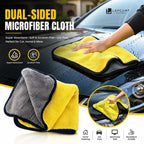 Two yellow and gray dual-sided microfiber cloths with black edges, shown on a wet car hood with a hand wiping the surface. Large text reads 'DUAL-SIDED MICROFIBER CLOTH' and the LECART brand logo appears in the top right.