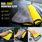A set of dual-sided microfiber cloths in gray and yellow with black trim, shown on a car windshield and in three usage panels demonstrating car cleaning, window cleaning, and home kitchen use. The brand name LEFCART is visible in the top right.