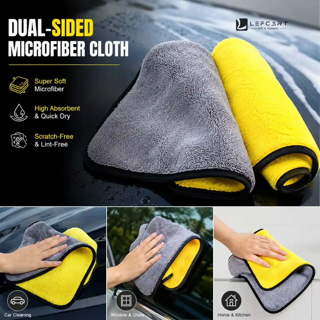 A set of dual-sided microfiber cloths in gray and yellow with black trim, shown on a car windshield and in three usage panels demonstrating car cleaning, window cleaning, and home kitchen use. The brand name LEFCART is visible in the top right.