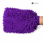 A purple microfiber cleaning mitt with a wrist strap, shown being held by a person's arm against a white background. The Lefcart logo is visible in the top right corner.