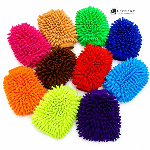 A set of ten colorful microfiber cleaning gloves arranged in a circle on a white background, with the LEFCART brand logo in the top right corner.