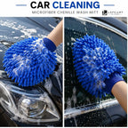 A split-panel product demonstration showing a blue chenille car wash mitt being used to clean a black car. The left panel shows the mitt with soap foam on the car headlight, and the right panel shows it on the car window.