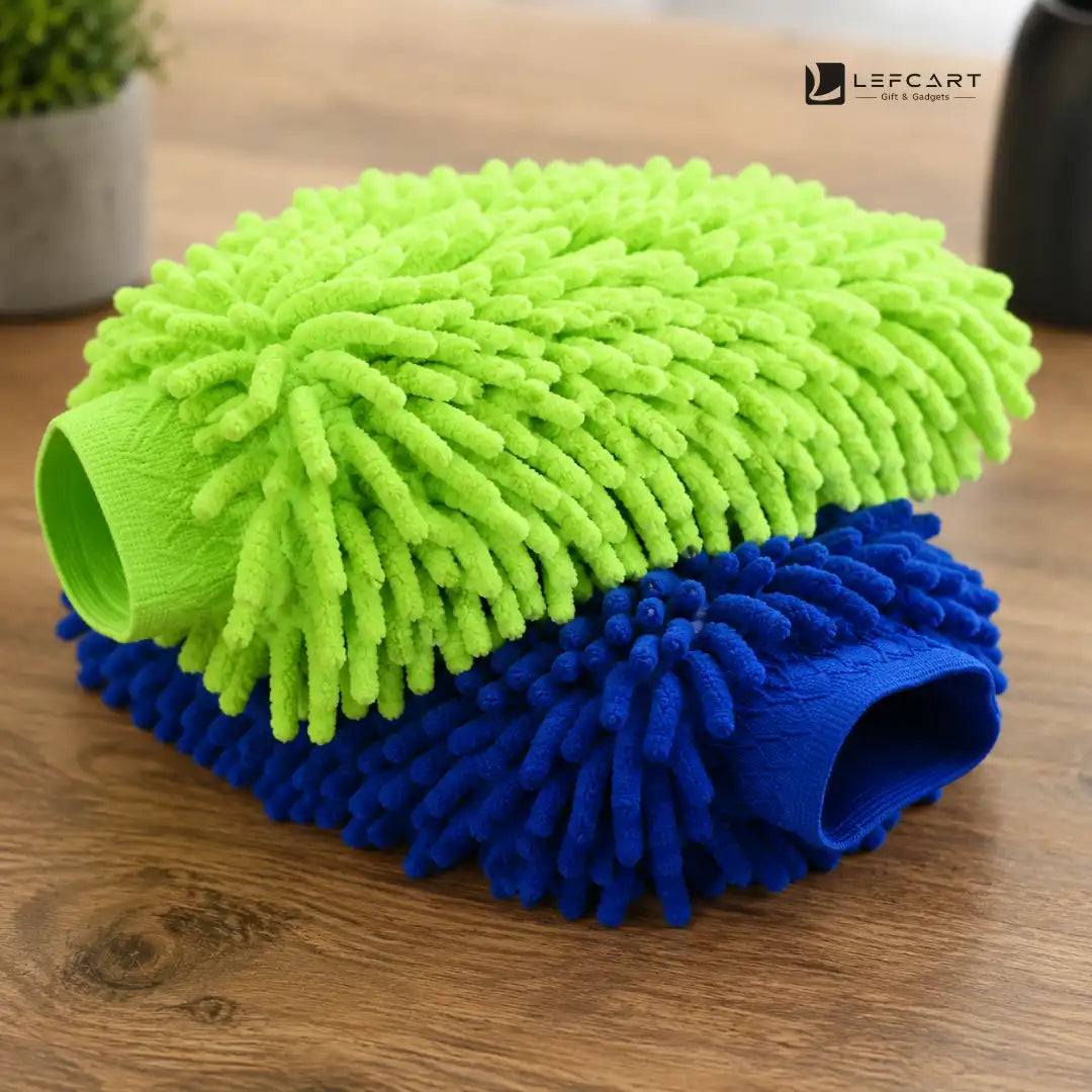 Two microfiber cleaning gloves stacked on a wooden surface, with a bright lime green glove on top and a royal blue glove underneath. A LEFCART logo is visible in the top right corner.
