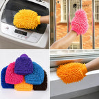 A collage showing a microfiber cleaning mitt being used in two ways: first, scrubbing a white washing machine, and second, cleaning a window. Other panels show a stack of multiple color options of the cleaning mitts (pink, purple, blue, yellow, brown) on a white background.